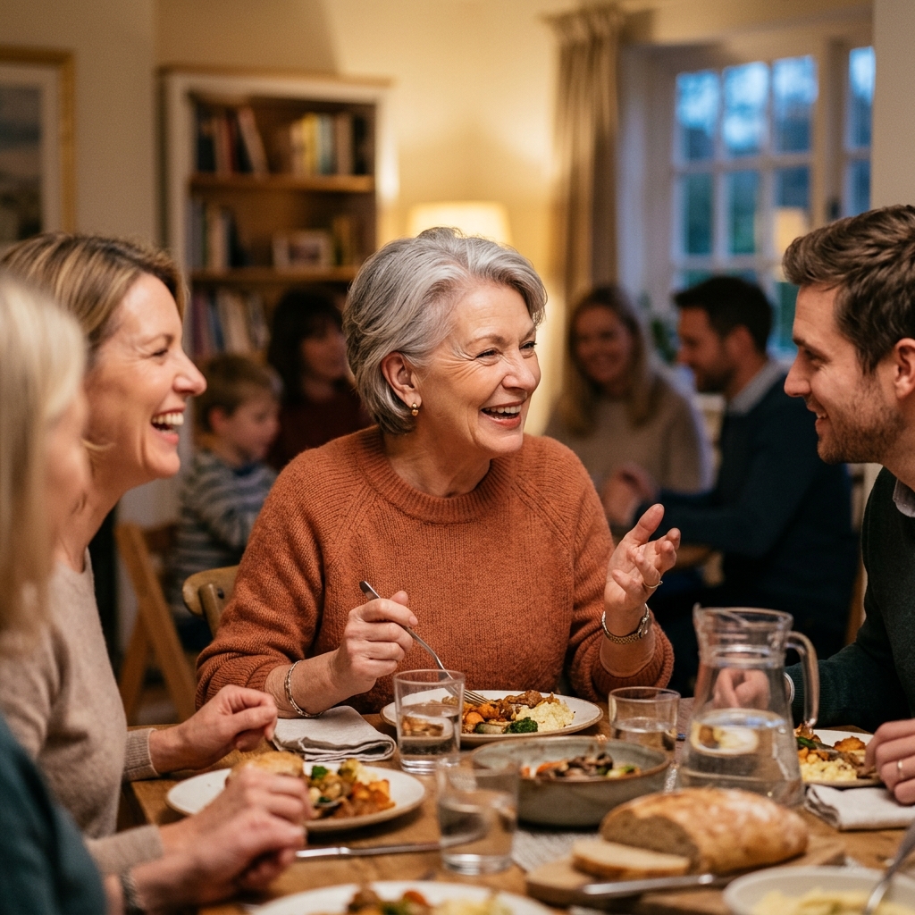 Senior woman enjoying clear conversation with family thanks to modern hearing aid technology